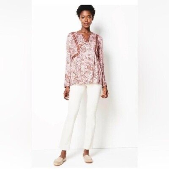 J Jill Floral Long Sleeve V-Neck Bohemian Peasant Contrast Light Pink Blouse Top - Picture 13 of 13